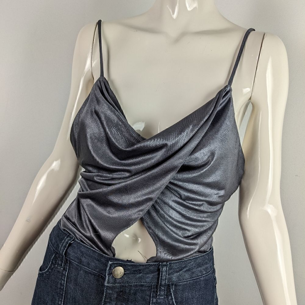 Lush Body suit, metallic grey cowl neck, cut out front wrap tank top size medium